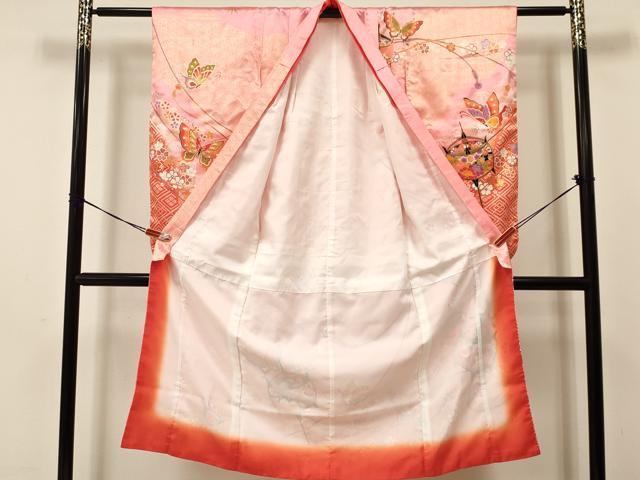 平和屋着物[]七五三　女の子　７歳　祝着　四つ身　袋帯セット　糸車　鳳凰花蝶文　暈し染め　金彩　DAAS9474ma