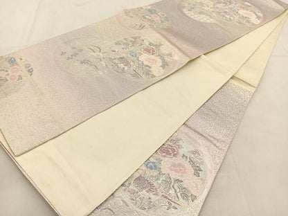 平和屋着物◎六通柄袋帯 唐織 花鳥丸文 銀糸 正絹 逸品 BAAU6472yc