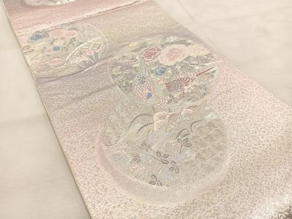 平和屋着物◎六通柄袋帯 唐織 花鳥丸文 銀糸 正絹 逸品 BAAU6472yc