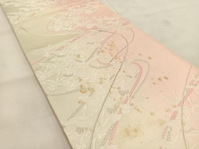 平和屋着物◎六通柄袋帯　唐織　飛鶴菊花文　銀糸　正絹　逸品　BAAU6471yc