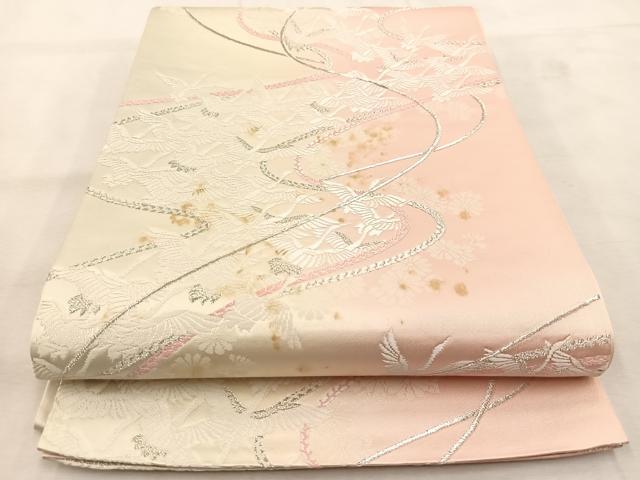 平和屋着物◎六通柄袋帯　唐織　飛鶴菊花文　銀糸　正絹　逸品　BAAU6471yc