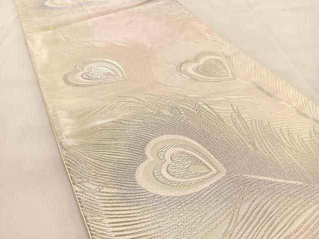 平和屋着物◎六通柄袋帯　唐織　孔雀羽根文　銀糸　正絹　逸品　BAAU6480yc