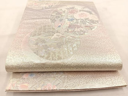 平和屋着物◎六通柄袋帯 唐織 花鳥丸文 銀糸 正絹 逸品 BAAU6472yc