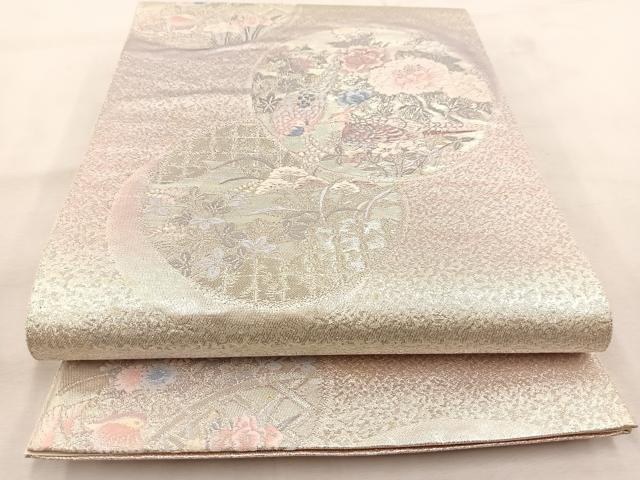 平和屋着物◎六通柄袋帯 唐織 花鳥丸文 銀糸 正絹 逸品 BAAU6472yc