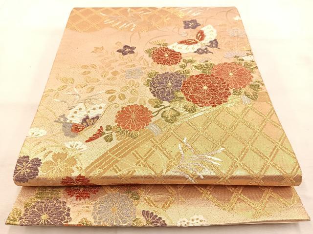 平和屋着物◎六通柄袋帯　籬花蝶文　金糸　正絹　逸品　BAAU6496yc