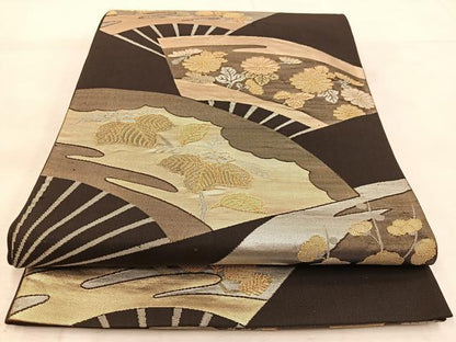 平和屋着物◎六通柄袋帯　扇面花文　金銀糸　正絹　逸品　BAAU6485yc