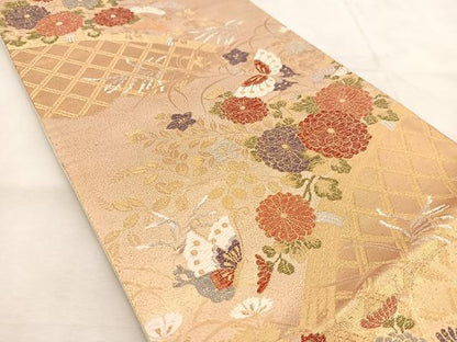 平和屋着物◎六通柄袋帯　籬花蝶文　金糸　正絹　逸品　BAAU6496yc
