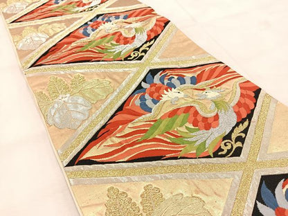 平和屋着物◎六通柄袋帯　唐織　向かい鳳凰菱天井文　金銀糸　正絹　逸品　BAAU6533yc