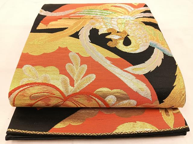 平和屋着物◎六通柄袋帯　鳳凰風景文　黒地　金銀糸　正絹　逸品　BAAU6553yc