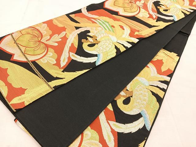 平和屋着物◎六通柄袋帯　鳳凰風景文　黒地　金銀糸　正絹　逸品　BAAU6553yc