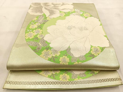 平和屋着物◎六通柄袋帯　唐織　牡丹花蝶文　金銀糸　正絹　逸品　BAAU6538yc