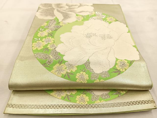 平和屋着物◎六通柄袋帯　唐織　牡丹花蝶文　金銀糸　正絹　逸品　BAAU6538yc