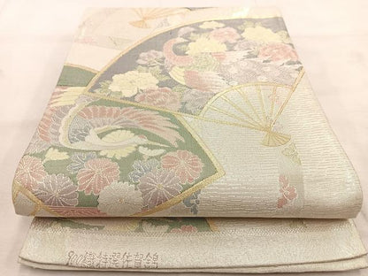 平和屋着物◎900織特選佐賀錦　六通柄袋帯　扇面花鳥文　金銀糸　正絹　逸品　BAAU6561yc