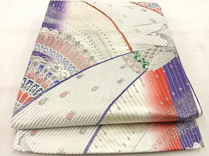 平和屋着物◎両面　六通柄袋帯　唐織　孔雀　銀糸　正絹　逸品　BAAU6601yc