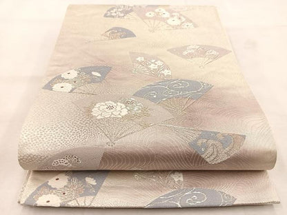 平和屋着物◎六通柄袋帯　唐織　立波扇面花文　銀糸　正絹　逸品　BAAU6621yc