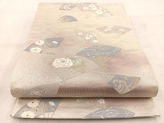 平和屋着物◎六通柄袋帯　唐織　立波扇面花文　銀糸　正絹　逸品　BAAU6621yc