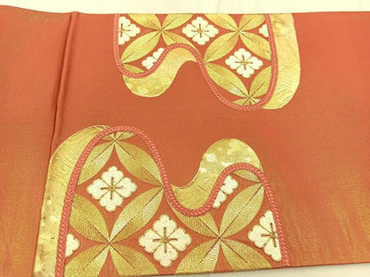 平和屋着物◎太鼓柄袋帯　駒刺繍　七宝花菱文　金彩　正絹　逸品　BAAU6620yc