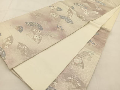 平和屋着物◎六通柄袋帯　唐織　立波扇面花文　銀糸　正絹　逸品　BAAU6621yc