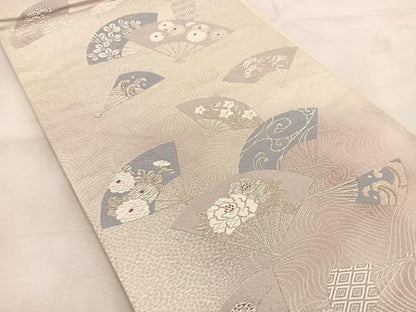 平和屋着物◎六通柄袋帯　唐織　立波扇面花文　銀糸　正絹　逸品　BAAU6621yc