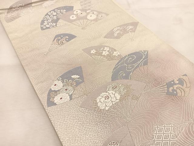 平和屋着物◎六通柄袋帯　唐織　立波扇面花文　銀糸　正絹　逸品　BAAU6621yc