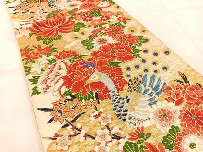 平和屋着物◎六通柄　本袋帯　唐織　孔雀花文　金銀糸　正絹　逸品　BAAU6644yc