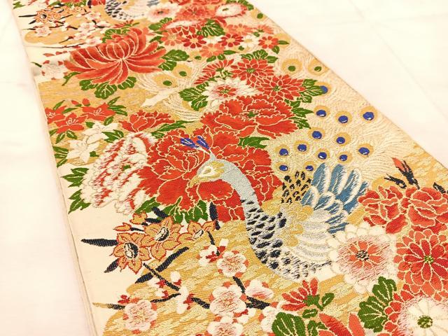 平和屋着物◎六通柄　本袋帯　唐織　孔雀花文　金銀糸　正絹　逸品　BAAU6644yc