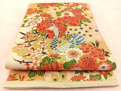 平和屋着物◎六通柄　本袋帯　唐織　孔雀花文　金銀糸　正絹　逸品　BAAU6644yc