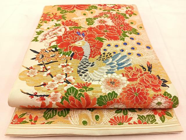 平和屋着物◎六通柄　本袋帯　唐織　孔雀花文　金銀糸　正絹　逸品　BAAU6644yc