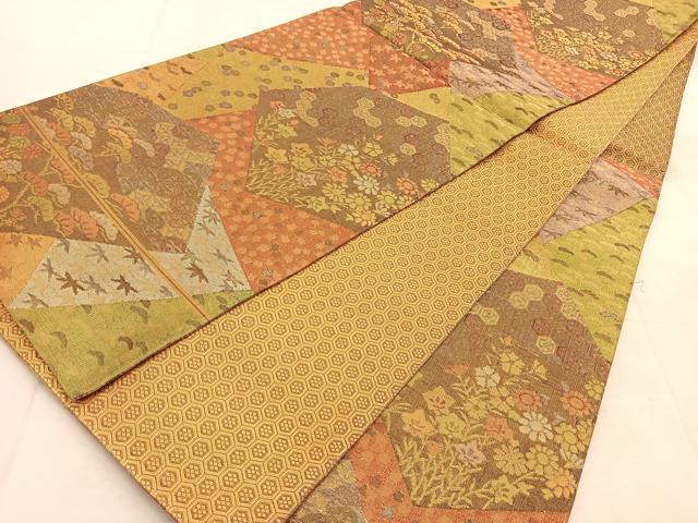 平和屋着物◎佐賀錦　両面　六通柄袋帯　切嵌草花文　金糸　正絹　逸品　BAAU6694yc