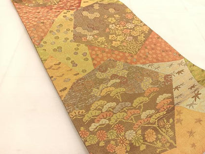 平和屋着物◎佐賀錦　両面　六通柄袋帯　切嵌草花文　金糸　正絹　逸品　BAAU6694yc