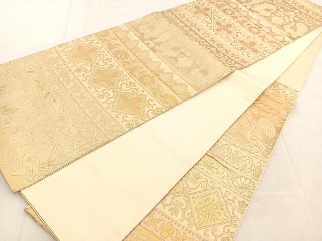 平和屋着物◎六通柄袋帯　孔雀更紗横段文　金糸　正絹　逸品　BAAU6693yc