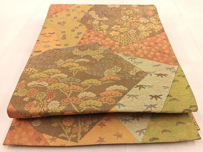 平和屋着物◎佐賀錦　両面　六通柄袋帯　切嵌草花文　金糸　正絹　逸品　BAAU6694yc