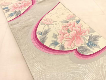 平和屋着物◎六通柄袋帯　唐織　流水牡丹文　銀糸　正絹　逸品　BAAU6721yc