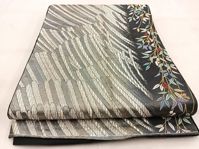 平和屋着物◎六通柄袋帯　唐織　南天間道　黒地　金銀糸　正絹　逸品　BAAU6780yc