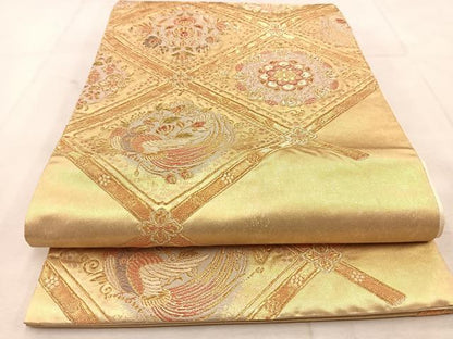 平和屋着物◎六通柄袋帯　鳳凰菱天井更紗花文　金糸　引箔　正絹　逸品　BAAU6800yc