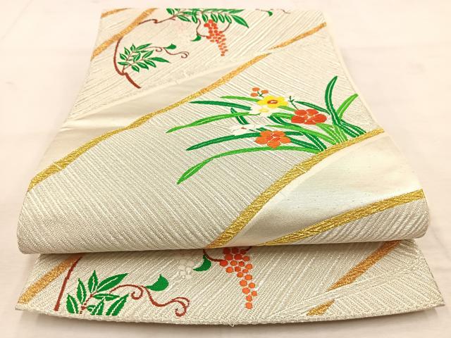 平和屋着物◎六通柄袋帯　唐織　南天竹芝文　金銀糸　正絹　逸品　BAAU6843yc
