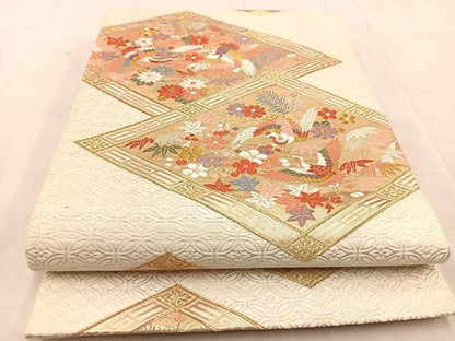 平和屋着物◎六通柄袋帯　唐織　菱重ね飛鶴花文　金銀糸　正絹　逸品　BAAU6846yc