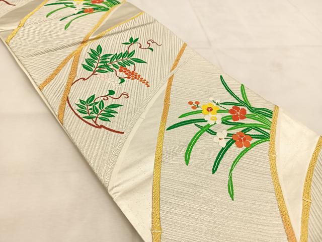 平和屋着物◎六通柄袋帯　唐織　南天竹芝文　金銀糸　正絹　逸品　BAAU6843yc