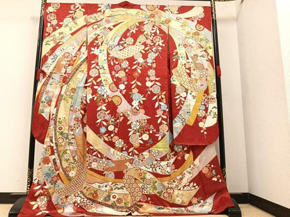 平和屋着物●豪華振袖　駒刺繍　吉祥草花文　金彩　正絹　逸品　AAAZ5044ph