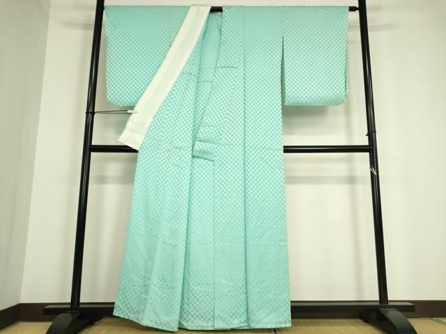 平和屋着物▽上質な色無地 単衣 市松地紋 青竹色 正絹 逸品 DAAV5395az