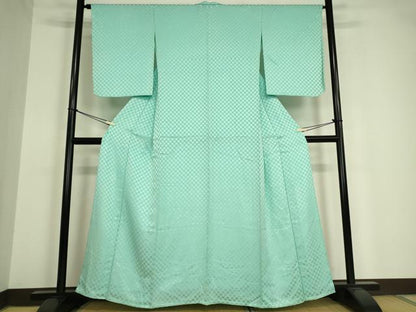 平和屋着物▽上質な色無地 単衣 市松地紋 青竹色 正絹 逸品 DAAV5395az