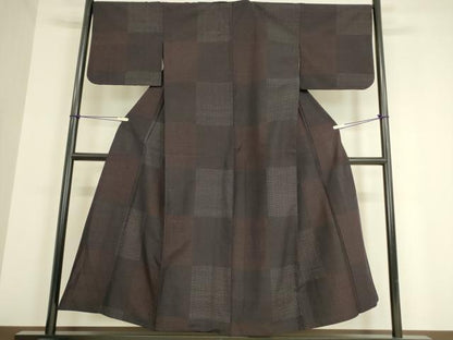 平和屋着物▽上質な紬　単衣　市松文　正絹　逸品　DAAV5432az