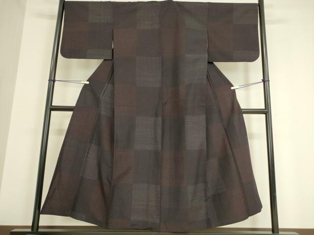 平和屋着物▽上質な紬　単衣　市松文　正絹　逸品　DAAV5432az