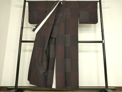 平和屋着物▽上質な紬　単衣　市松文　正絹　逸品　DAAV5432az