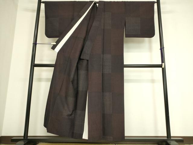平和屋着物▽上質な紬　単衣　市松文　正絹　逸品　DAAV5432az