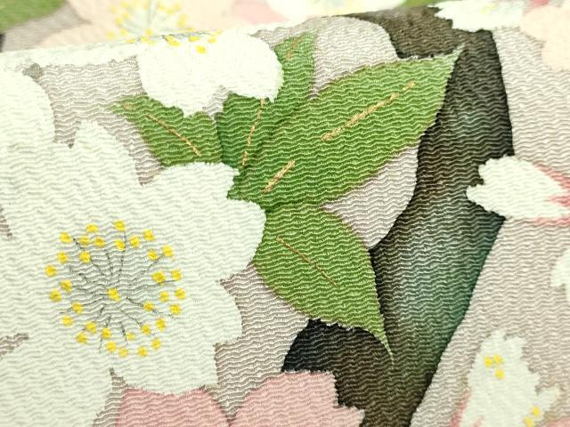 平和屋着物●極上　九寸名古屋帯　枝桜　白茶色地　鬼しぼ縮緬　逸品　DZAA9289kh5
