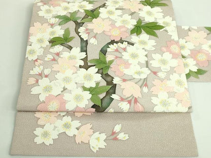 平和屋着物●極上　九寸名古屋帯　枝桜　白茶色地　鬼しぼ縮緬　逸品　DZAA9289kh5