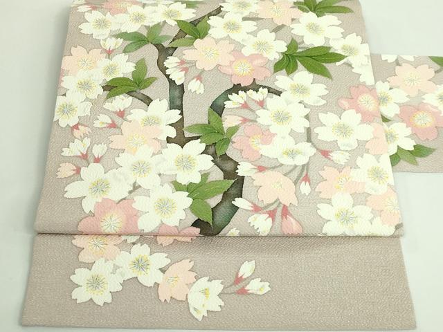 平和屋着物●極上　九寸名古屋帯　枝桜　白茶色地　鬼しぼ縮緬　逸品　DZAA9289kh5