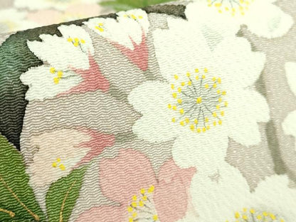 平和屋着物●極上　九寸名古屋帯　枝桜　白茶色地　鬼しぼ縮緬　逸品　DZAA9289kh5