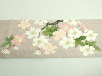 平和屋着物●極上　九寸名古屋帯　枝桜　白茶色地　鬼しぼ縮緬　逸品　DZAA9289kh5
